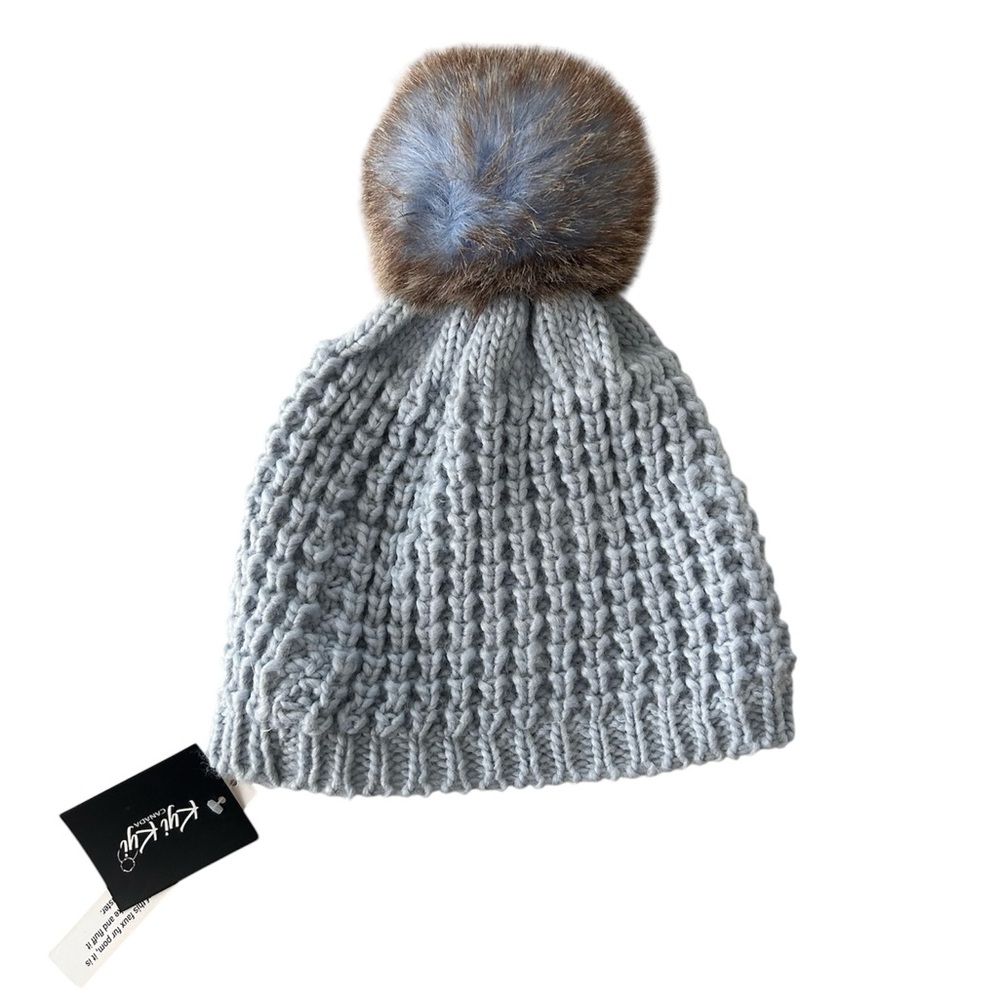 Kyi Kyi Canansa Light Blue Knit Beanie with Fur Pom
